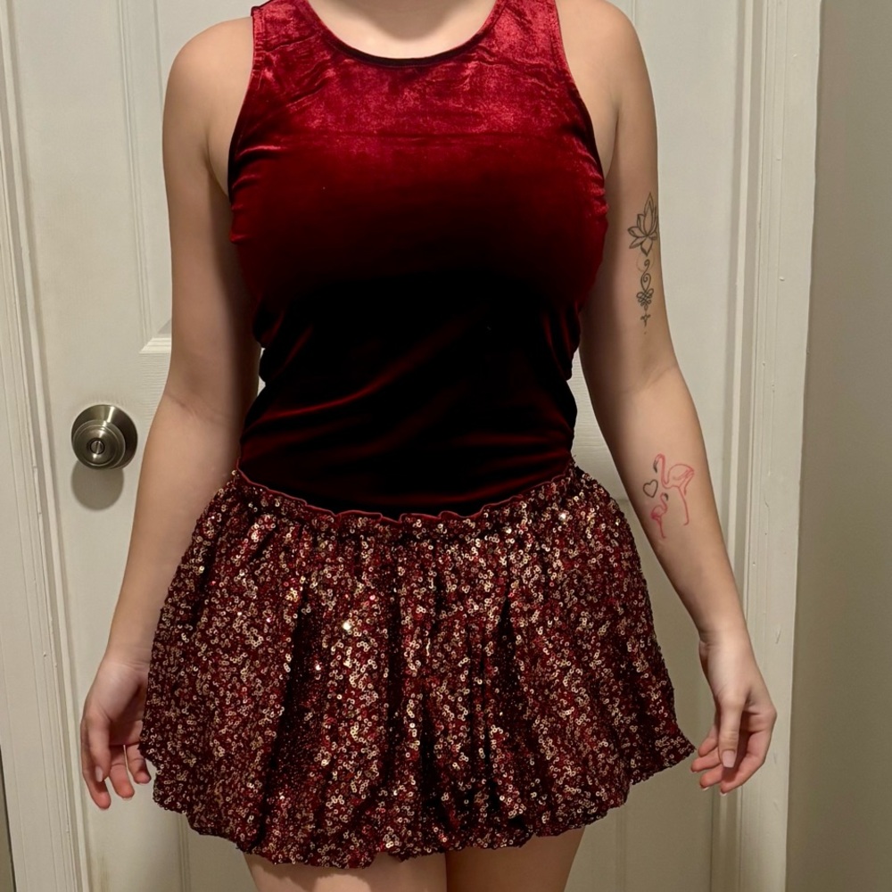 Fashion Nova Red Mini Bubble Skirt with Ruffled Sequin for Cocktail